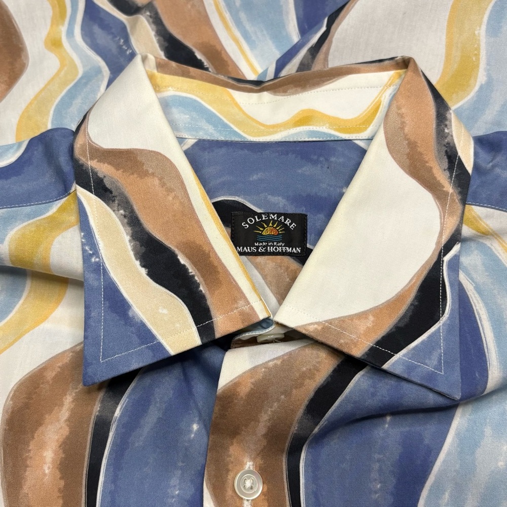 Maus & Hoffman Men's Casual Blue and Tan Wave Shirt Made in Italy Sz L - Picture 3 of 10